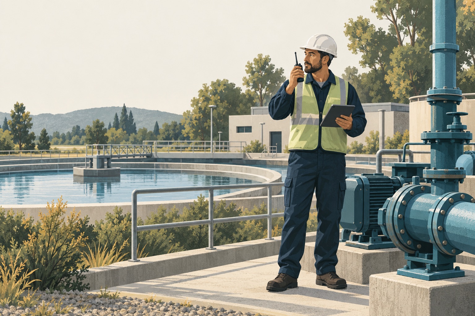 A water-utility operator checks an unexpected request through a trusted radio contact.